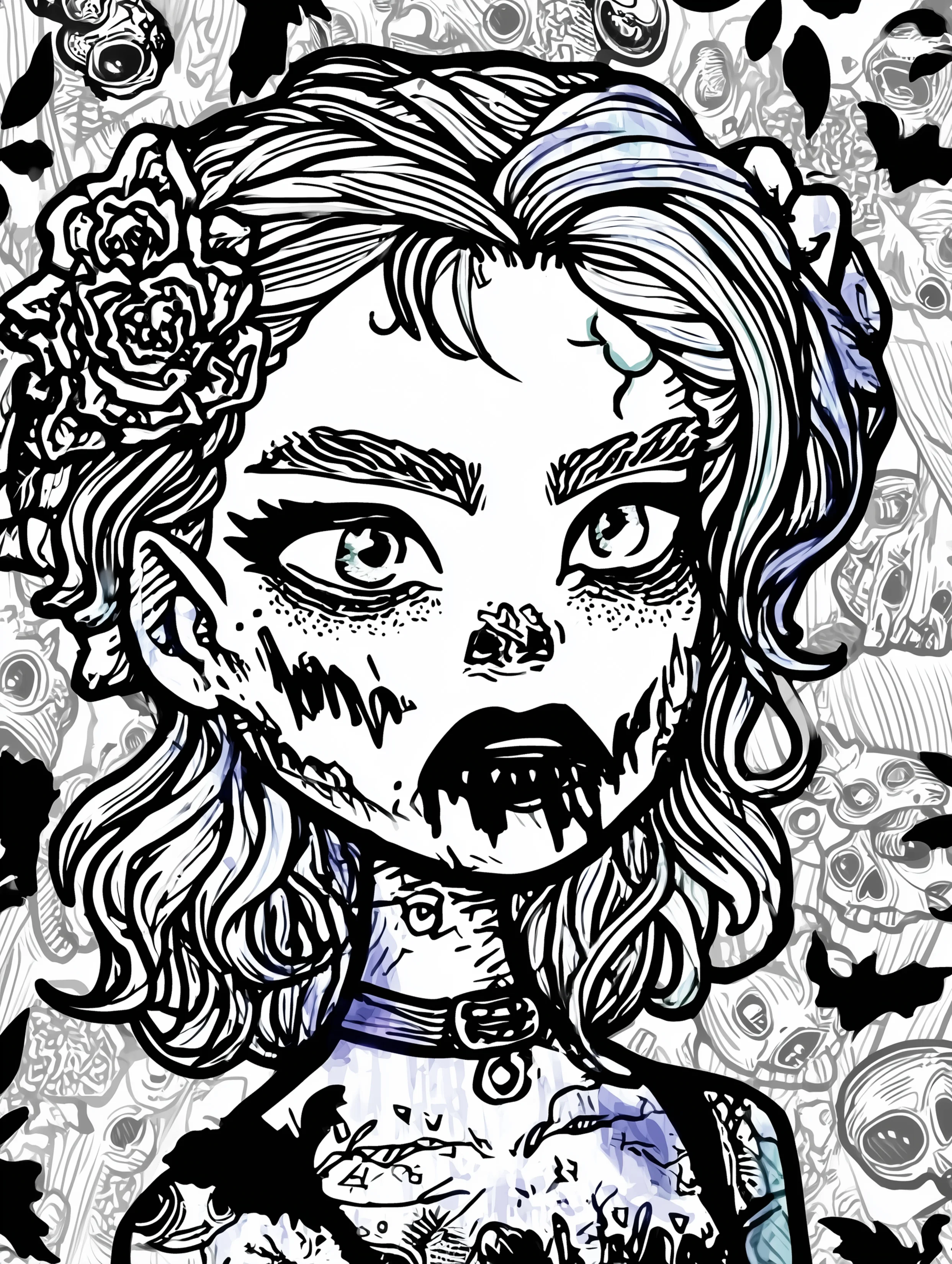 Free printable zombie coloring page for adults featuring a zombie with a neck collar